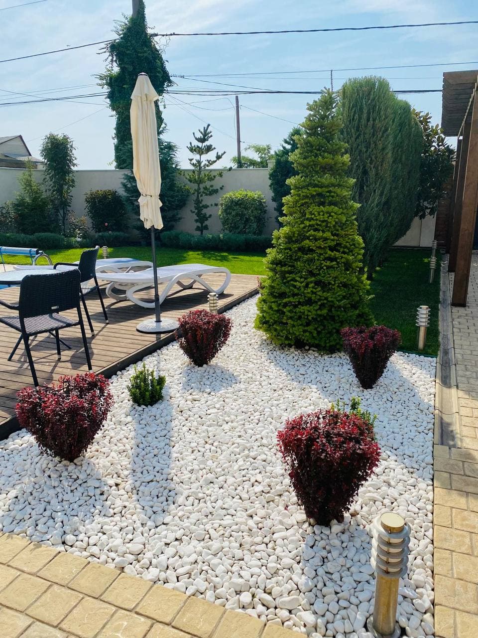 Ornamental garden with decorative gravel and shaped shrubs